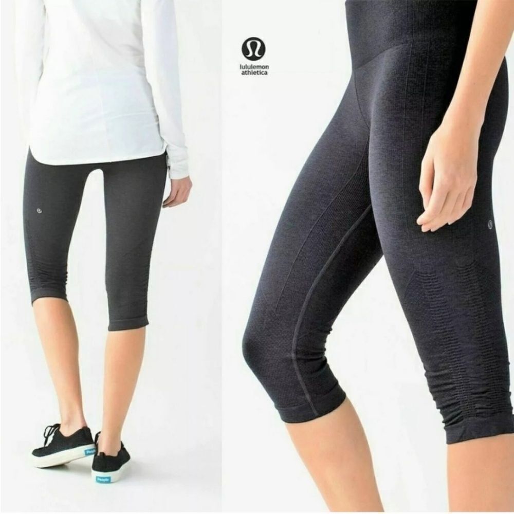 LULULEMON ATHLETICA IN THE FLOW RUCHED CROPPED CHARCOAL GRAY LEGGINGS SIZE 10